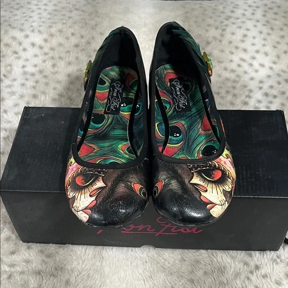 Iron Fist Black Multi Floral Skull Ballet Flats with Green Feather Accent - Picture 2 of 9